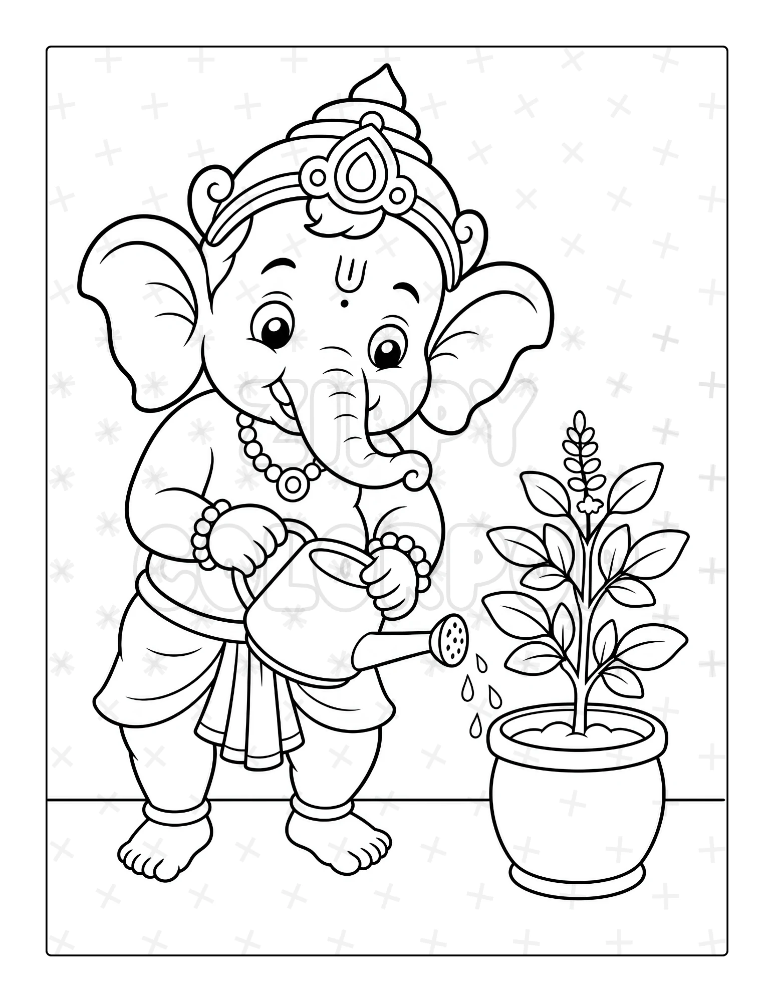 Ganesha coloring page with Ganesha watering a plant
