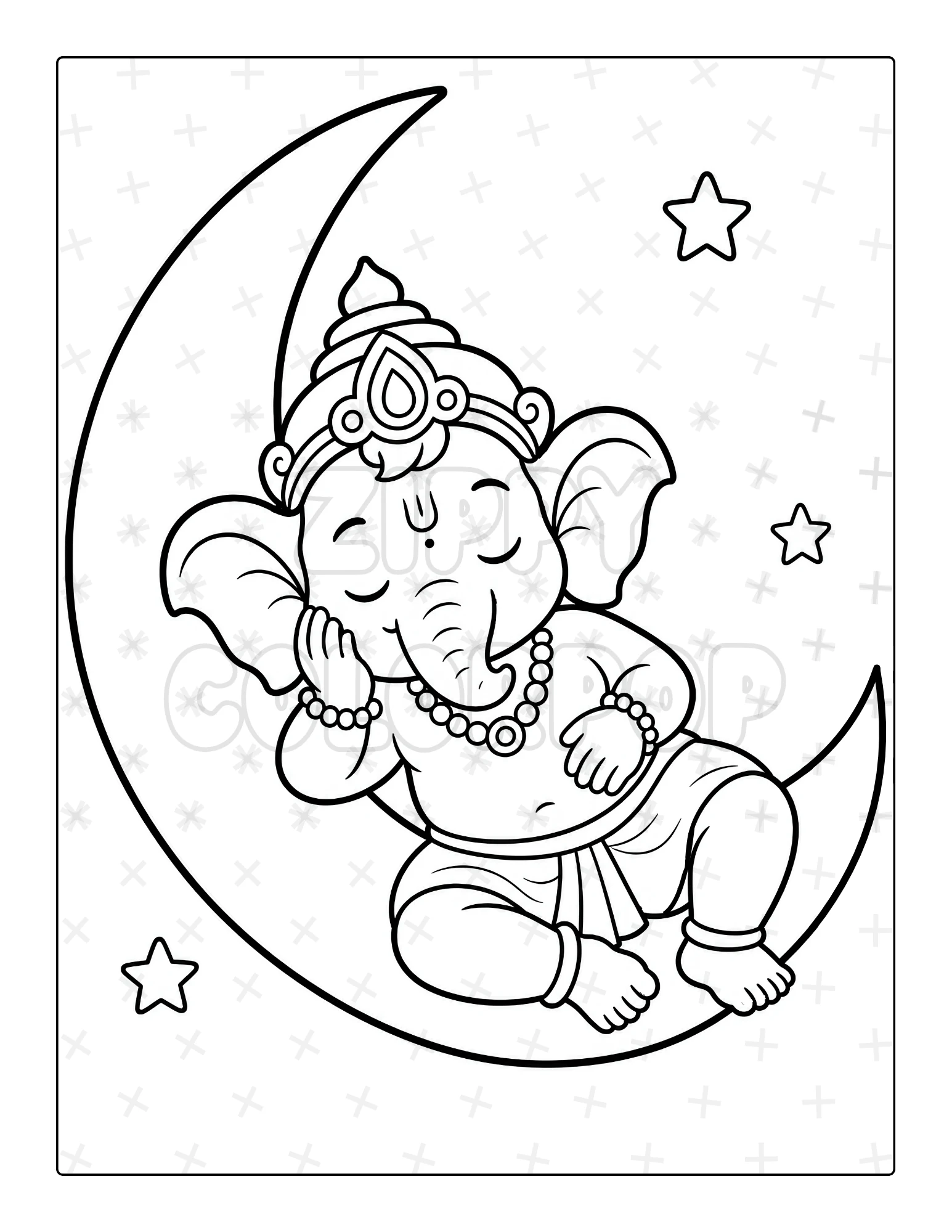 Ganesha coloring page with Ganesha resting on a crescent moon