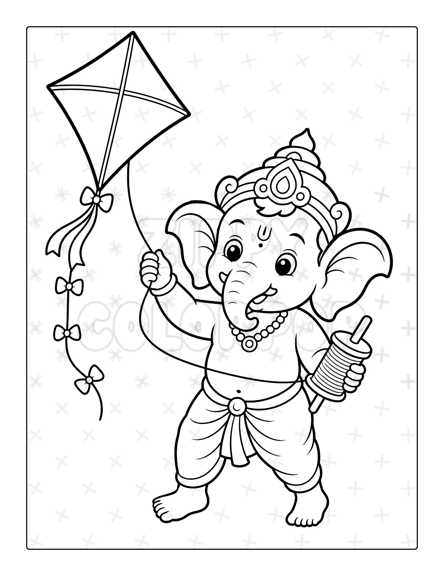 Ganesha coloring page with Ganesha flying a kite