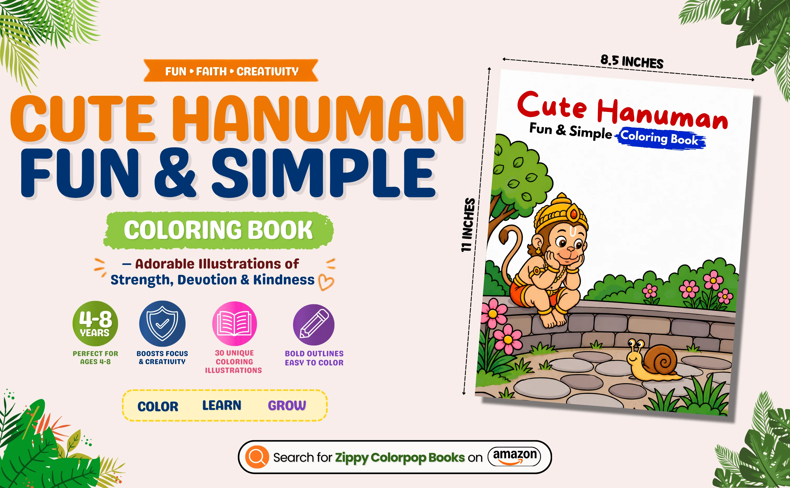Hanuman coloring book cover, size and benefits for kids