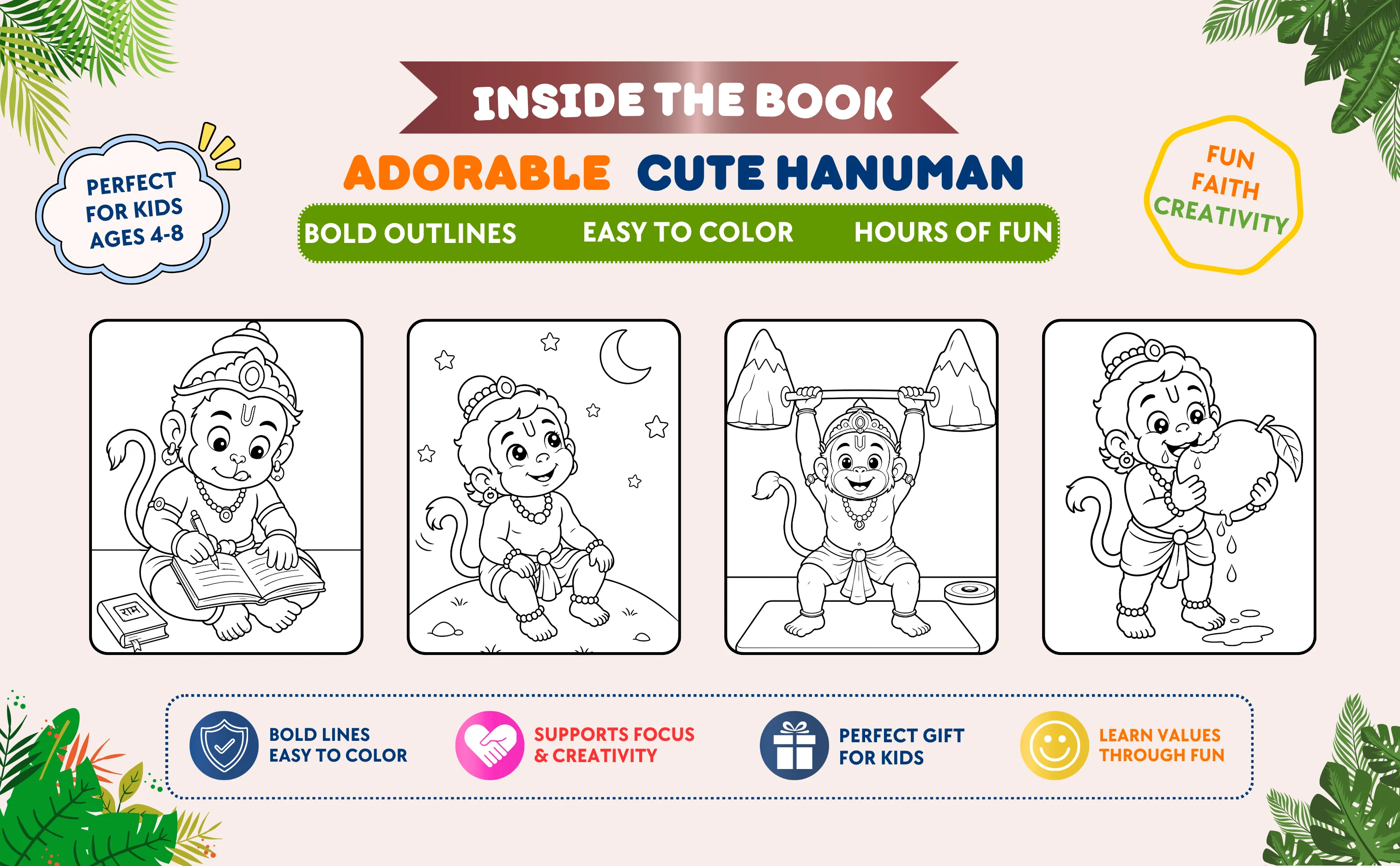 Hanuman coloring book interior with easy sample coloring pages
