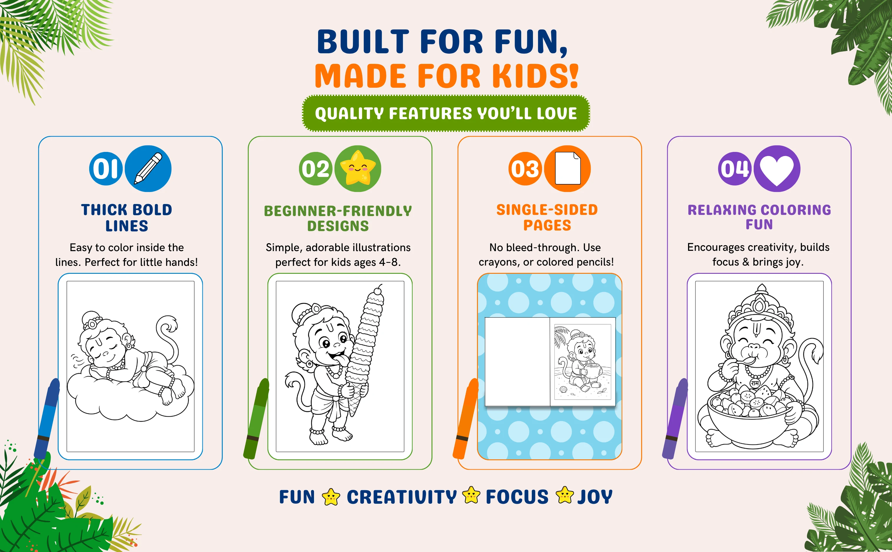 Hanuman coloring book with bold lines and single-sided pages