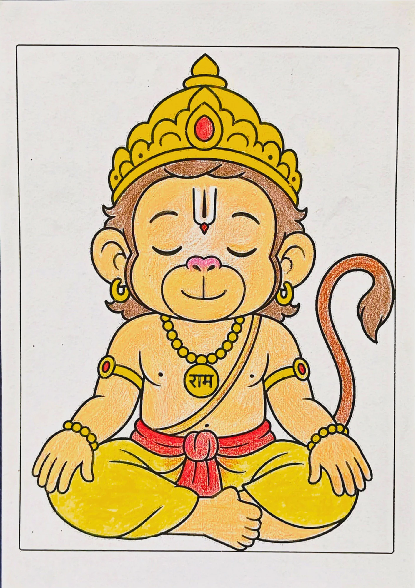Colored Hanuman coloring page with Hanuman sitting peacefully