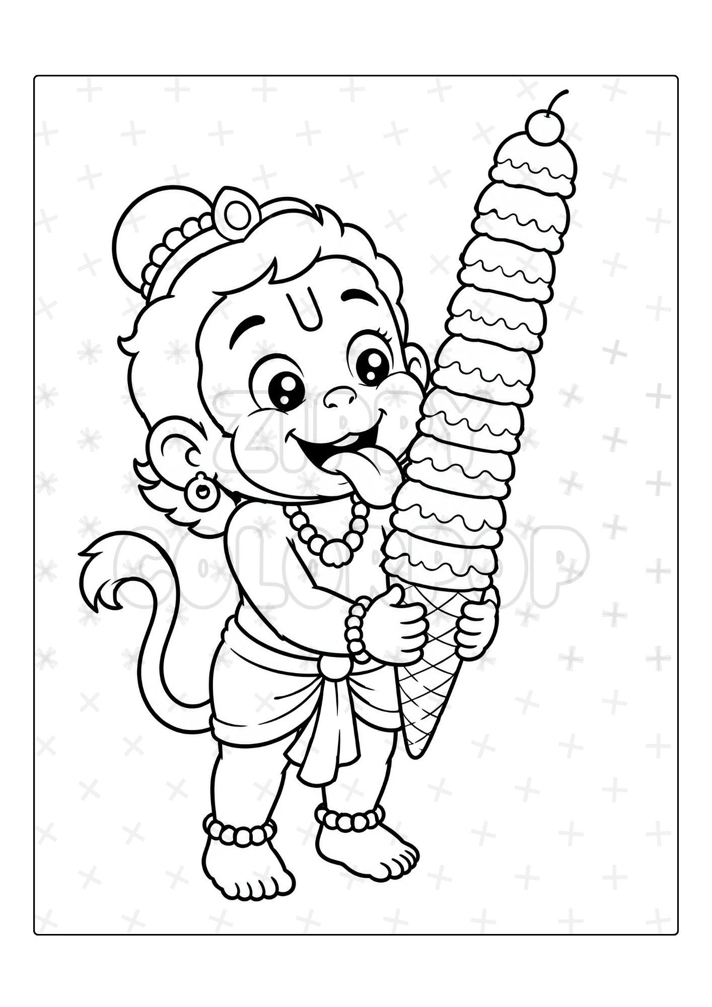 Black-and-white Hanuman coloring page with an ice cream cone