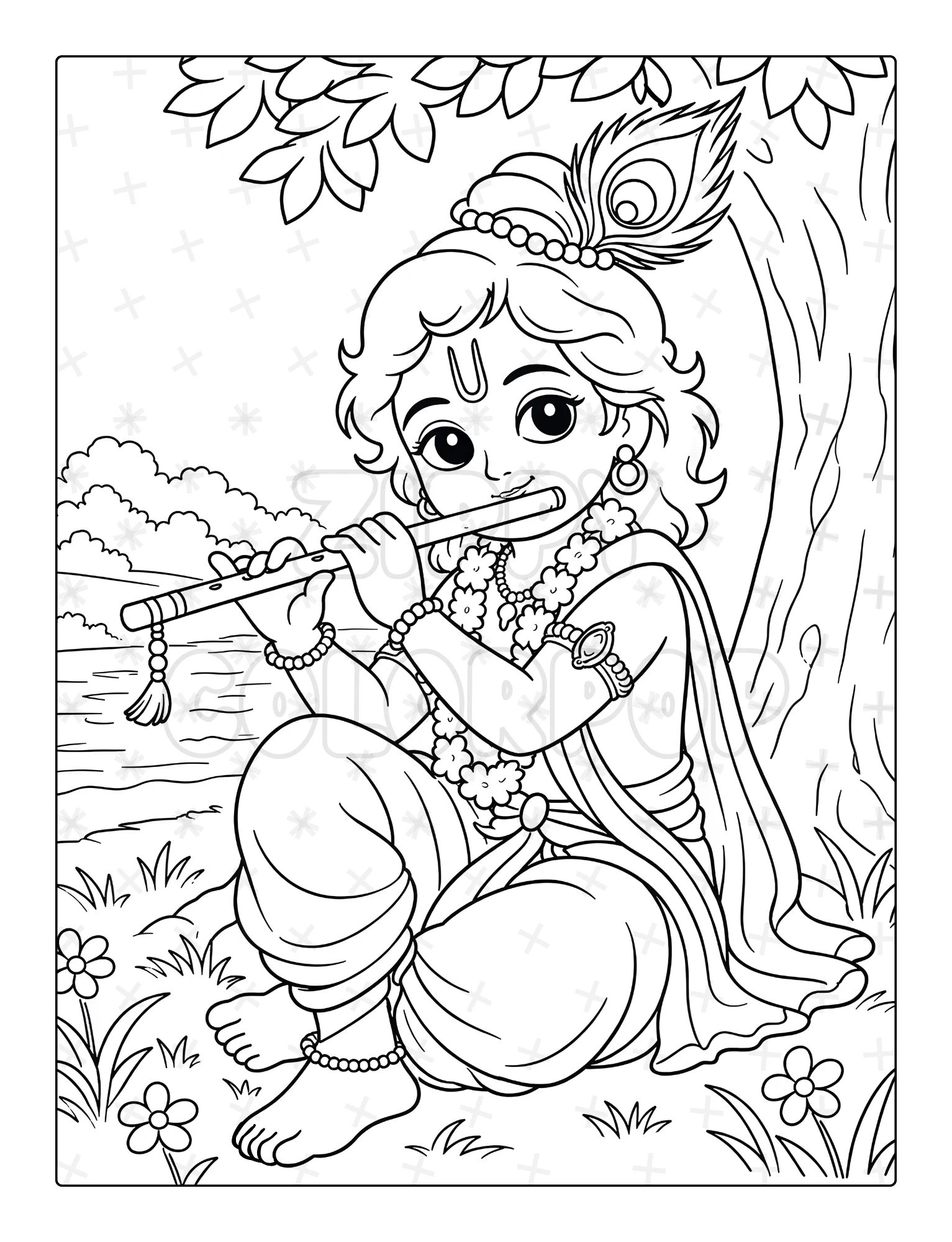 Krishna coloring page with Krishna playing the flute