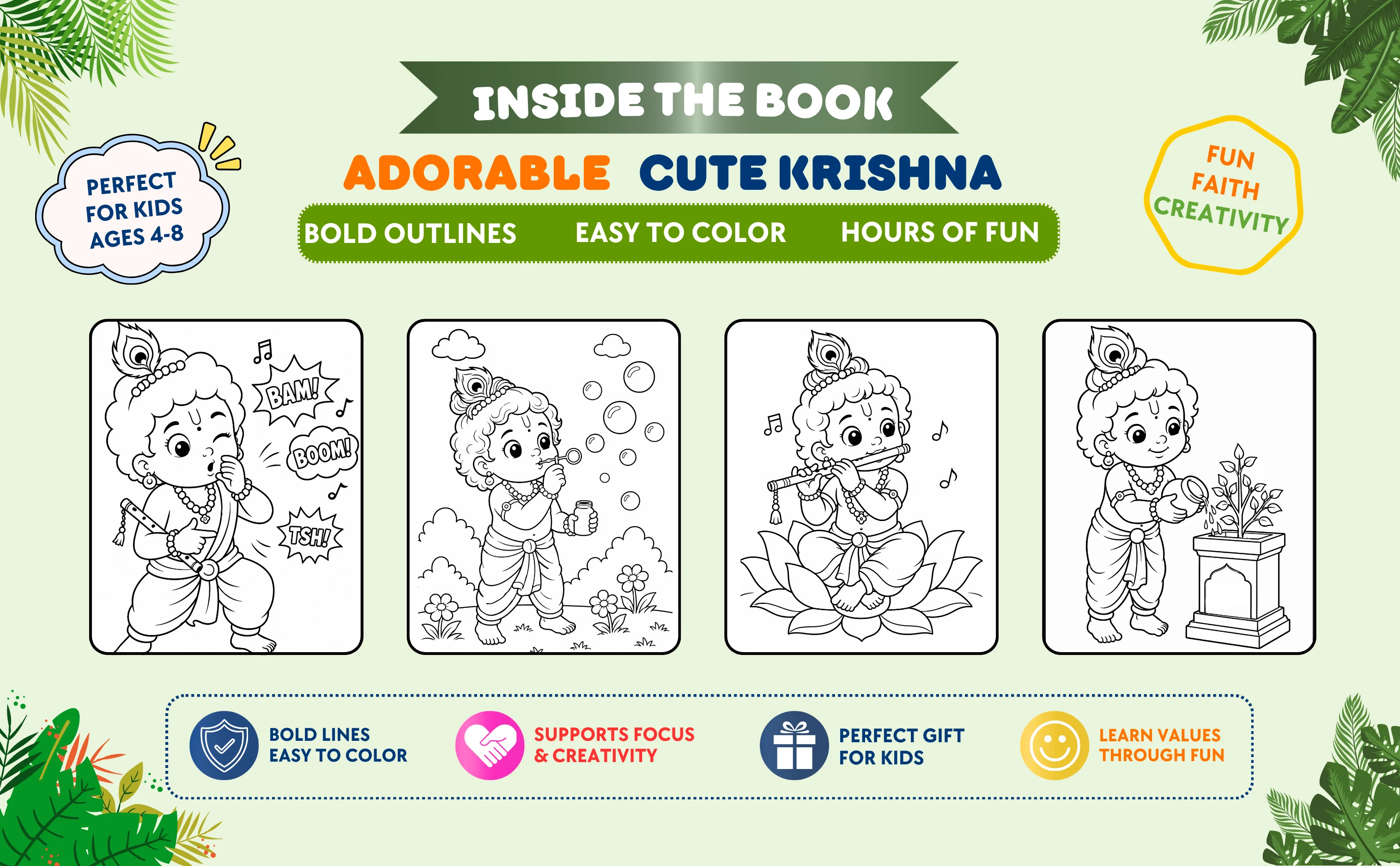 Little Krishna coloring book interior with sample coloring pages