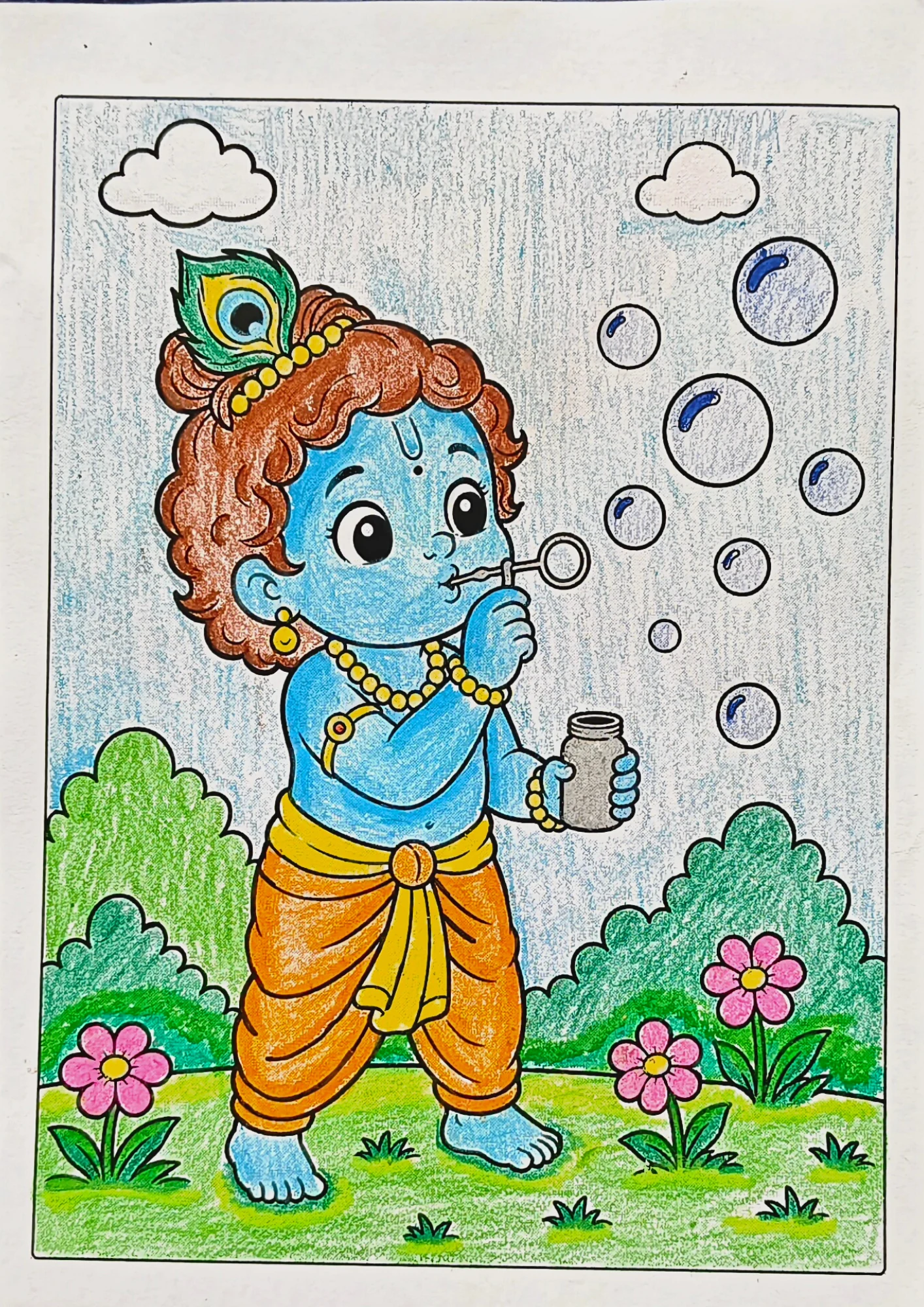 Colored Krishna coloring page with Krishna blowing bubbles