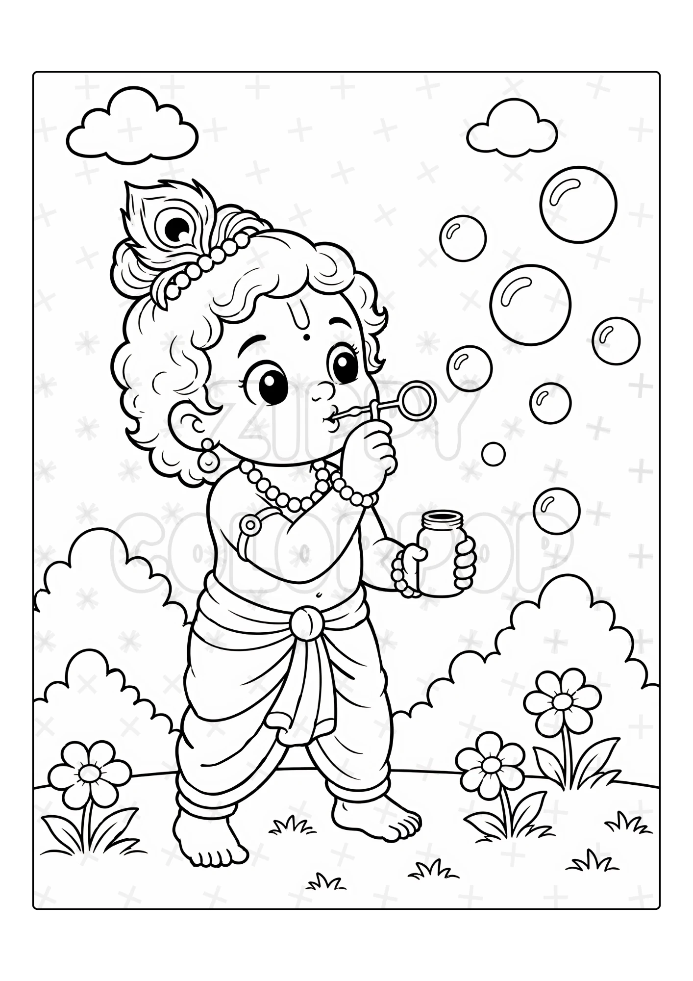 Black-and-white Krishna coloring page with Krishna blowing bubbles