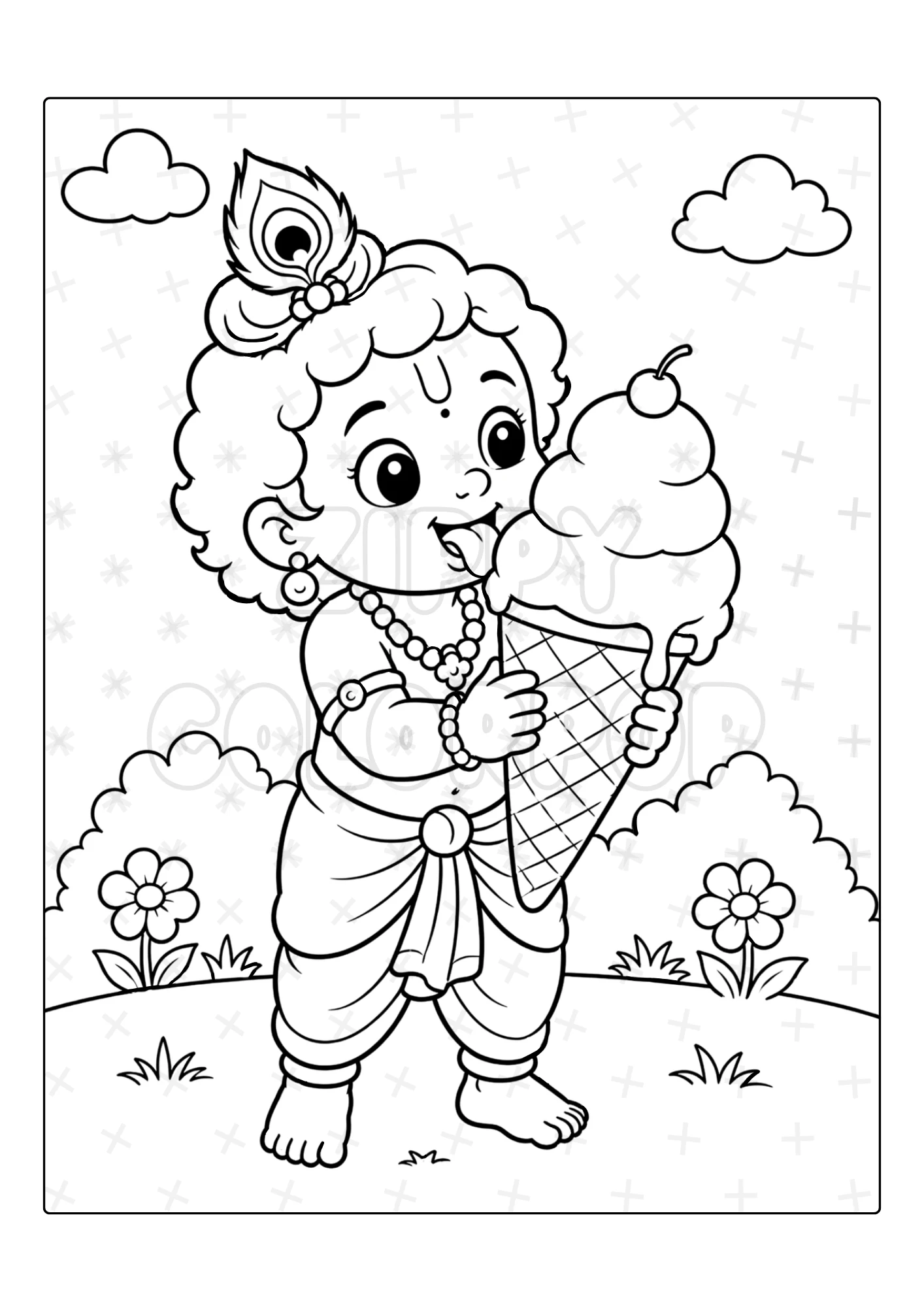 Black-and-white Krishna coloring page holding an ice cream cone