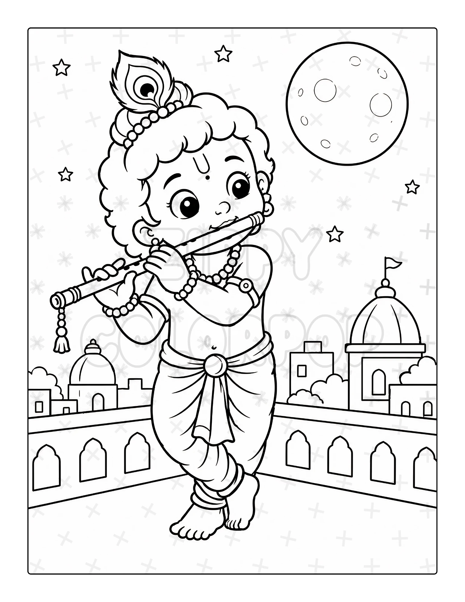 Krishna coloring page with Krishna playing the flute under the moon