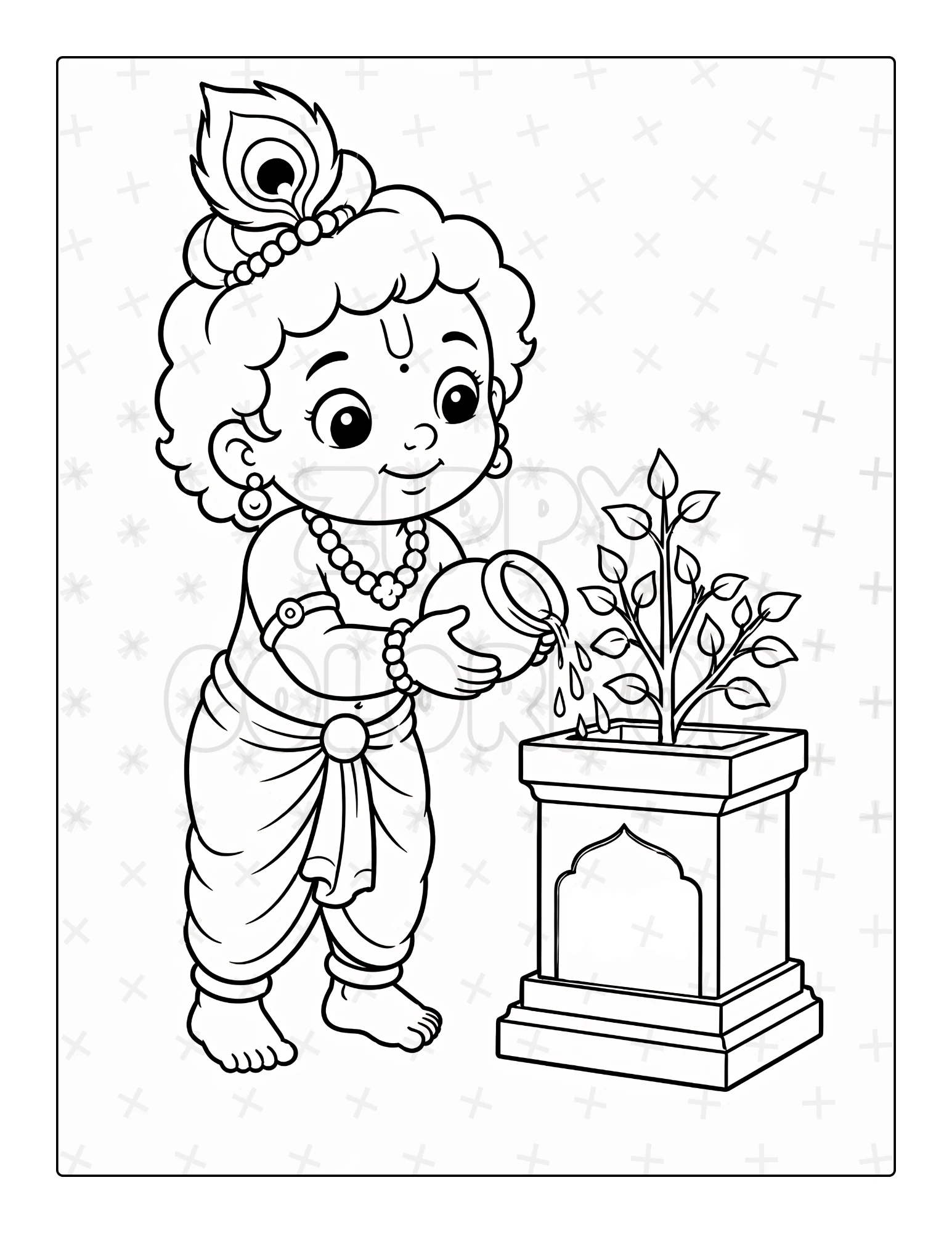 Krishna coloring page with Krishna watering a Tulsi plant