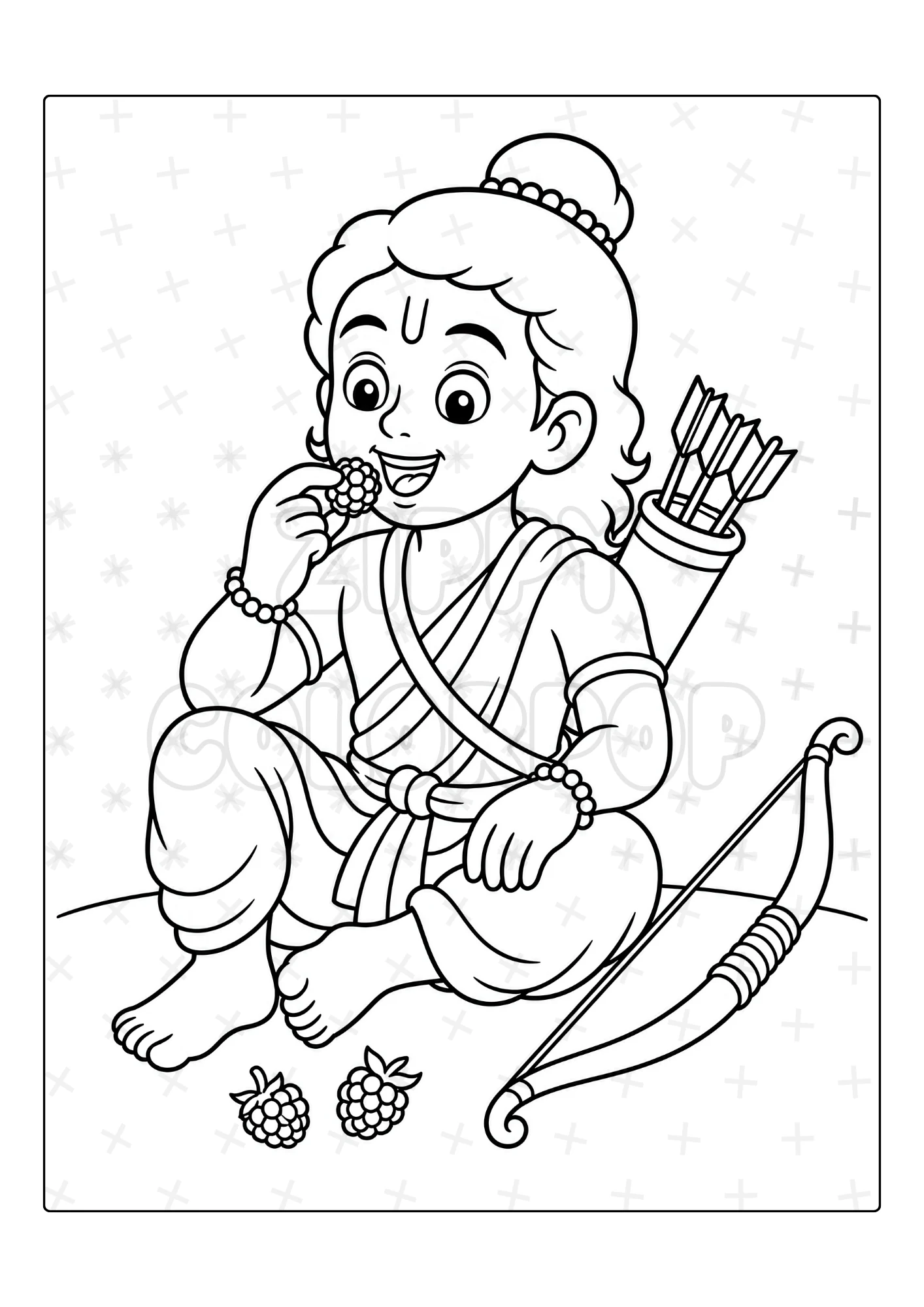 Black-and-white Lord Rama coloring page with Rama eating berries
